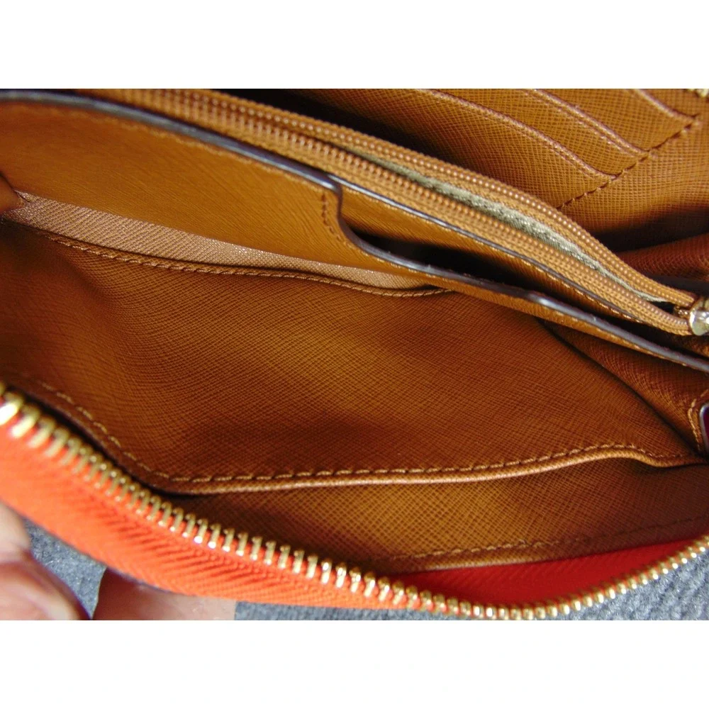 Michael Kors Orange White Stripe Zip Around Wristlet Wallet Clutch Gold Hardware - Picture 13 of 15